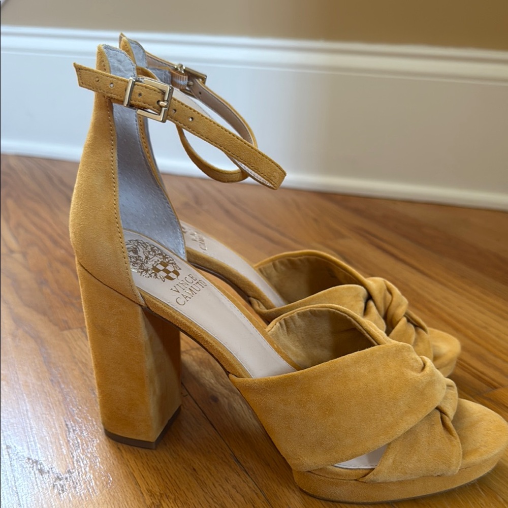 Vince Camuto Tan Heeled Sandals with Block Heel and Ankle Strap